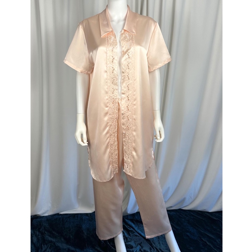 Vintage Marks & Spencer Two Piece Shirt and Pants Satin Set in Blush Pink - M/L